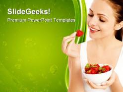 Woman eating strawberries health powerpoint templates and powerpoint backgrounds 0811