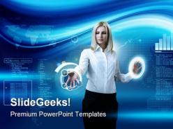 Woman navigating technology powerpoint templates and powerpoint backgrounds 0511