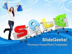 Woman with shopping cart sales powerpoint templates and powerpoint backgrounds 0511
