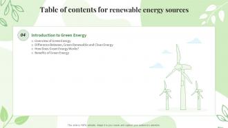 Q266 Table Of Contents For Renewable Energy Sources Ppt Powerpoint Presentation Visuals