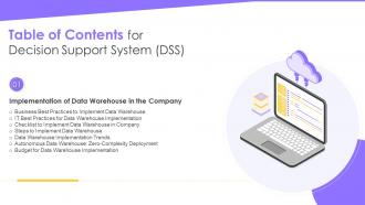 Q278 Table Of Contents For Decision Support System Dss Ppt Slides Outline