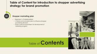 Q 1021 Table Of Content For Introduction To Shopper Advertising Strategy For Brand Promotion MKT SS V