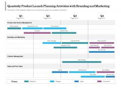 Quarterly product launch planning activities with branding and marketing