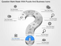 Question mark made with puzzle and business icons powerpoint template slide