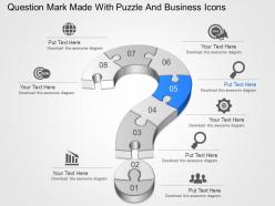 Question mark made with puzzle and business icons powerpoint template slide