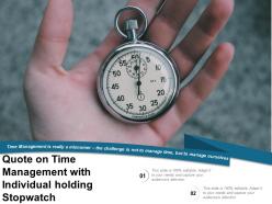 Quote on time management with individual holding stopwatch