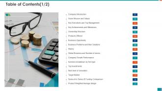 Raise funding from series b investment table of contents ppt slides layout