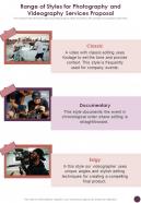 Range Of Styles For Photography And Videography Services Proposal One Pager Sample Example Document