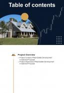 Real Estate Development Investment Proposal Table Of Contents One Pager Sample Example Document