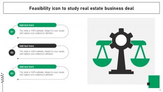 A slide titled Feasibility icon to study real estate business deal with three editable text fields and a balance scale icon