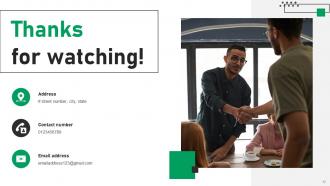 A slide with a Thanks for watching message alongside contact information and an image of two people shaking hands