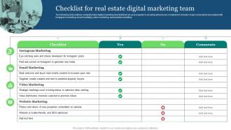 Real Estate Marketing Ideas To Improve Checklist For Real Estate Digital Marketing Team MKT SS V