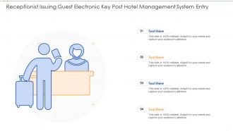 Receptionist issuing guest electronic key post hotel management system entry