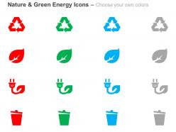 Recycle leaf power cord dustbin ppt icons graphics