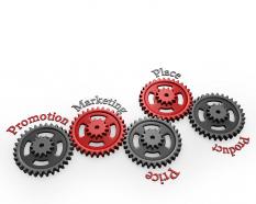 Red and black gears showing 4ps of marketing stock photo