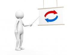 Red and blue arrows on chart pointed by 3d man stock photo