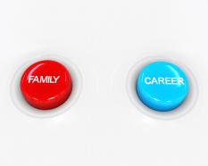Red and blue buttons on white background with family and career text stock photo