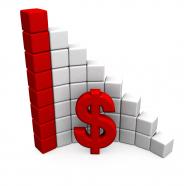 Red and white cubes as bar graph with dollar symbol stock photo