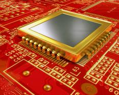 Red circuit with integrated circuit stock photo