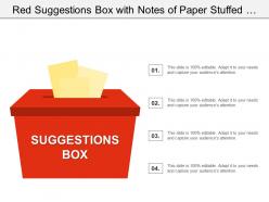 Red suggestions box with notes of paper stuffed into its slot offering feedback