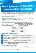 Rental agreement for residential apartment one page report presentation report infographic ppt pdf document