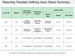 Reporting template defining issue status summary description impact action plan