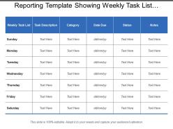 Reporting template showing weekly task list description category status notes