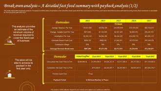 Restaurant Start Up Business Plan Break Even Analysis A Detailed Fast Food Summary With Payback BP SS