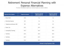 Retirement personal financial planning with expense alternatives