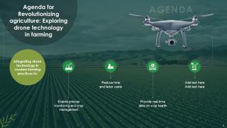 A slide showcasing how drones can revolutionize agriculture by reducing time and labor costs, enabling precise monitoring of crops, providing real time data on crop health, and more
