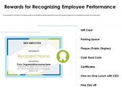 Rewards for recognizing employee performance organisation ppt powerpoint presentation icon