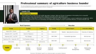 Rice Farming Business Professional Summary Of Agriculture Business Founder BP SS