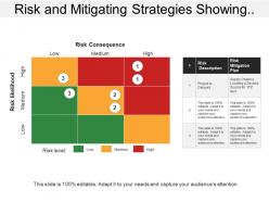 Risk and mitigating strategies showing risk level with description and mitigation plan