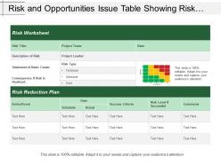 Risk and opportunities issue table showing risk reduction plan with risk type