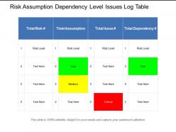 Risk assumption dependency level issues log table