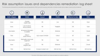 Risk Assumption Issues And Dependencies Remediation Log Sheet