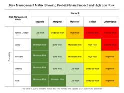 Risk management matrix showing probability and impact and high low risk