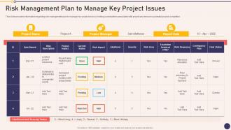 Risk Management Plan To Manage Key Project Managers Playbook