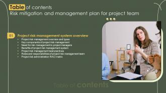Risk Mitigation And Management Plan For Project Team For Table Of Contents