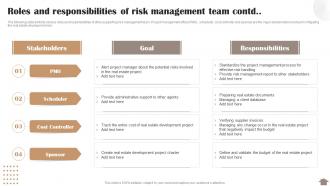 Risk Reduction Strategies Stakeholders Roles And Responsibilities Of Risk Management Team Contd