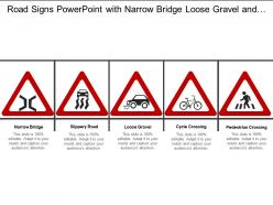Road signs powerpoint with narrow bridge loose gravel and cycle crossing