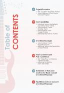 Rock Concert Investment Table Of Contents One Pager Sample Example Document
