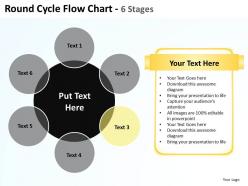 Round cycle flow chart 6 stages shown by big black circle and surrounding powerpoint templates 0712