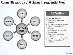 Round illustration of 6 stages in sequential flow processs and powerpoint slides