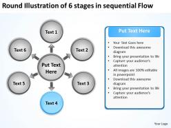 Round illustration of 6 stages in sequential flow processs and powerpoint slides