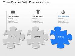 Rq three puzzles with business icons powerpoint template
