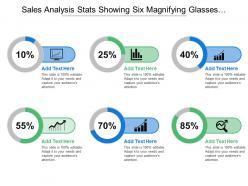 Sales analysis stats showing six magnifying glasses and percentages