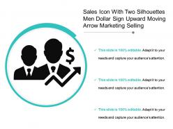 Sales icon with two silhouettes men dollar sign upward moving arrow marketing selling