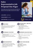 Sales representative job proposal one pager presentation report infographic ppt pdf document