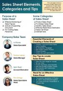 Sales sheet elements categories and tips presentation report infographic ppt pdf document